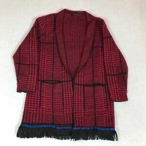 Vitalia Red Plaid Flannel Open Front Pocket Fringe Long Duster Cardigan Sweater